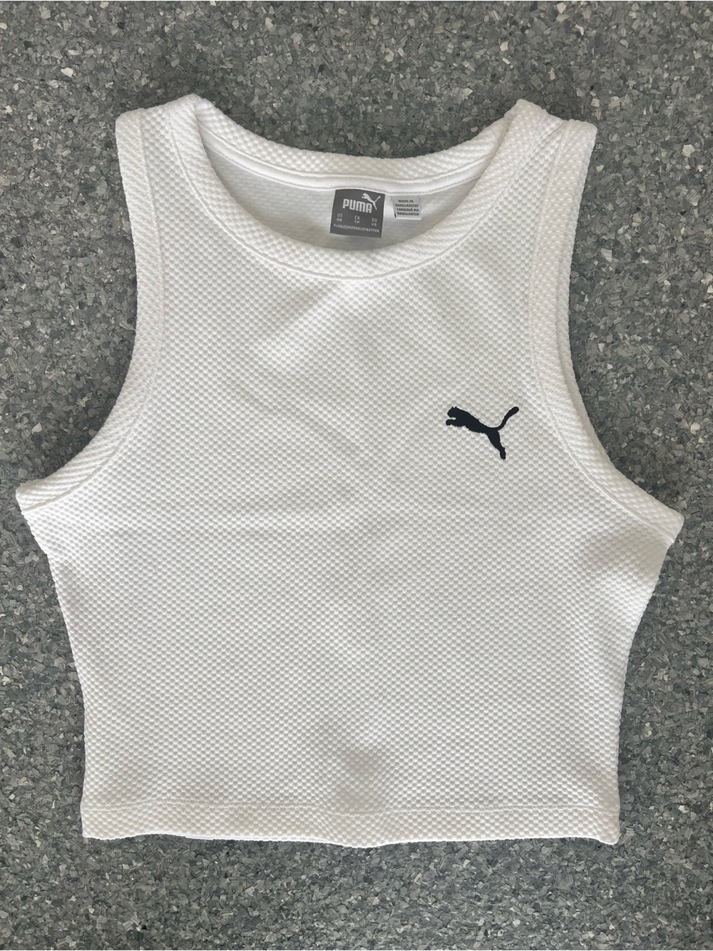 Puma White Textured Cropped Tank with Black Logo